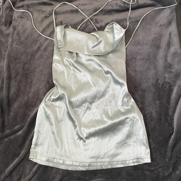 Fashion Nova Baddie Silver Blue Ruched Strap Up Back Mini Bodycon Dress Size XL - Picture 3 of 6